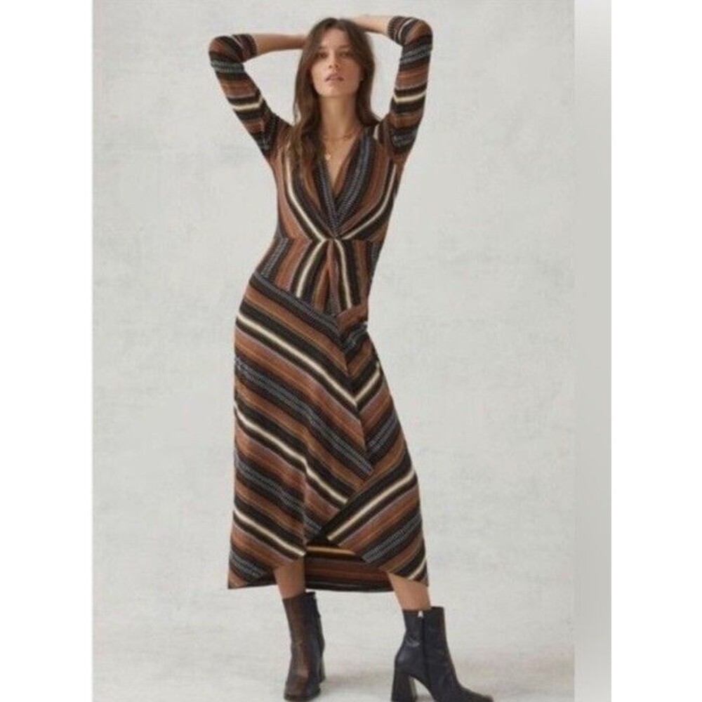 Anthropologie Maeve wrap midi dress striped black brown Sz XS Long Sleeve